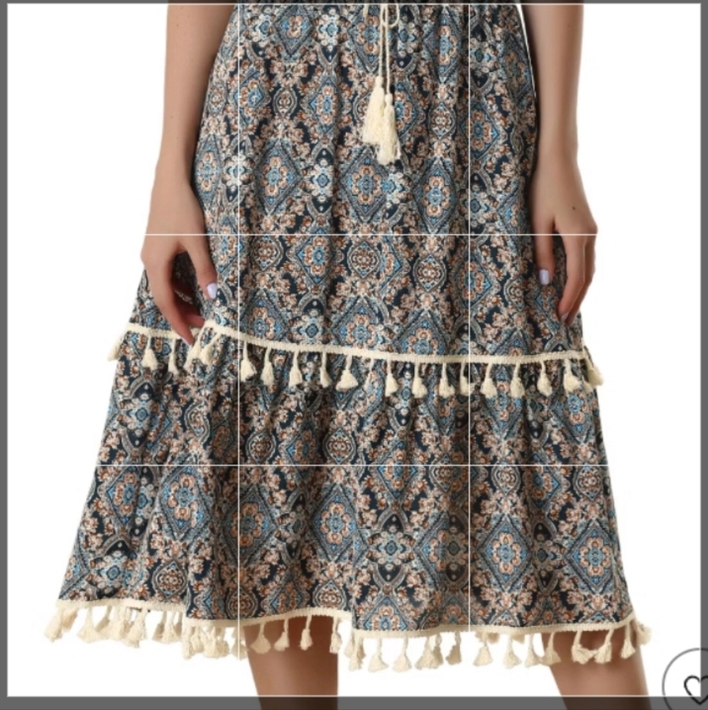 Allegra K Blue and Cream Tassel Midi Skirt